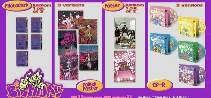 1. Redvelvet (SM) - (Random album)- Birthday Digipack ver album. IDR price list : 240 Rp. Birthday digipack ver list : Pink flavor, Yellow falvor, Blue flavor, Green flavor, Purple flavor. - Random out 1 of 5 Photcard - Folded all poster &amp; Photobook.