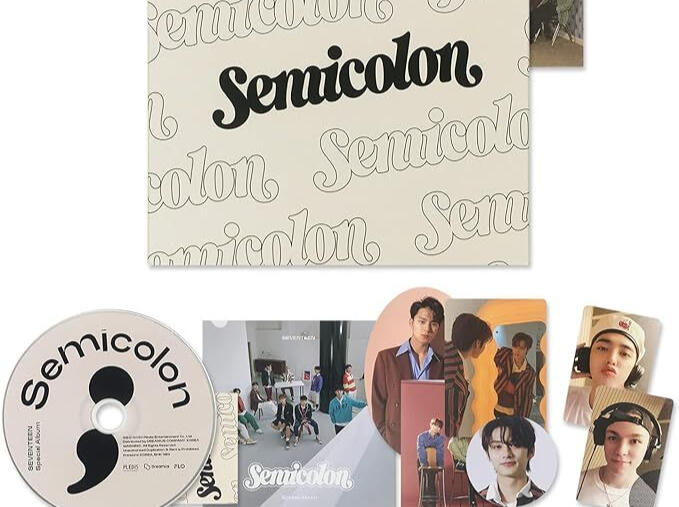 5. Seventeen (HYBE) - Semicolon album ver. IDR price list : 400 Rp. included : sleeve, cdr player, postcard ( 1 of 13 mem), stiker (1 of 13 mem), mini card (1 of 13 mem), photocard (2 of 13 mem), 2 pin button budges ( 1 of 13 mem), extra selca photocard