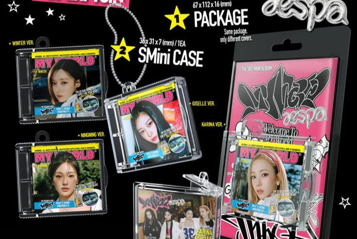 7. Aespa - SMini my world album ver. IDR price list : 200 Rp. Included : Smini package + mini card mem, music NFC CD, photo card (1 of 4 mem), 2 button badges,4 extra photocard (all mem).